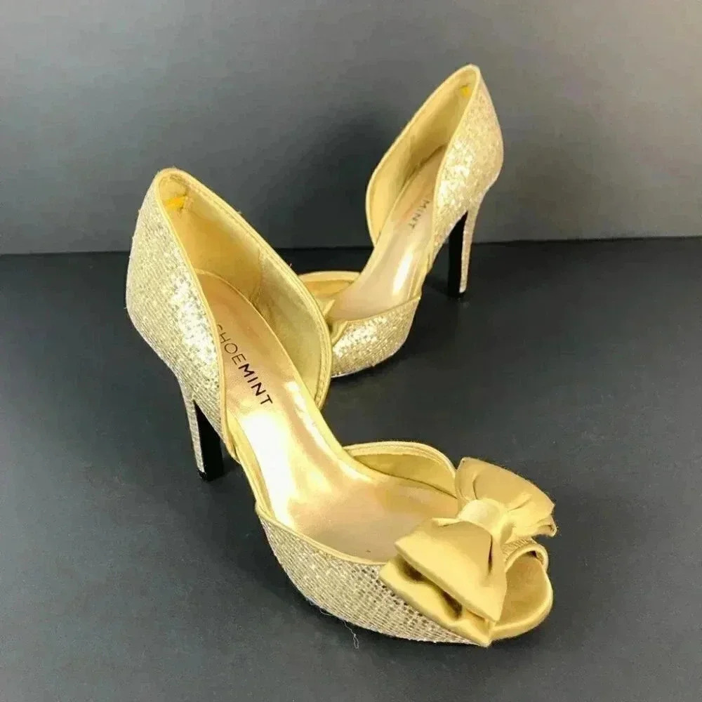 Shoemint Gold Glitter Bow Peep Toe Heels D'Orsay Pumps Size 6.5